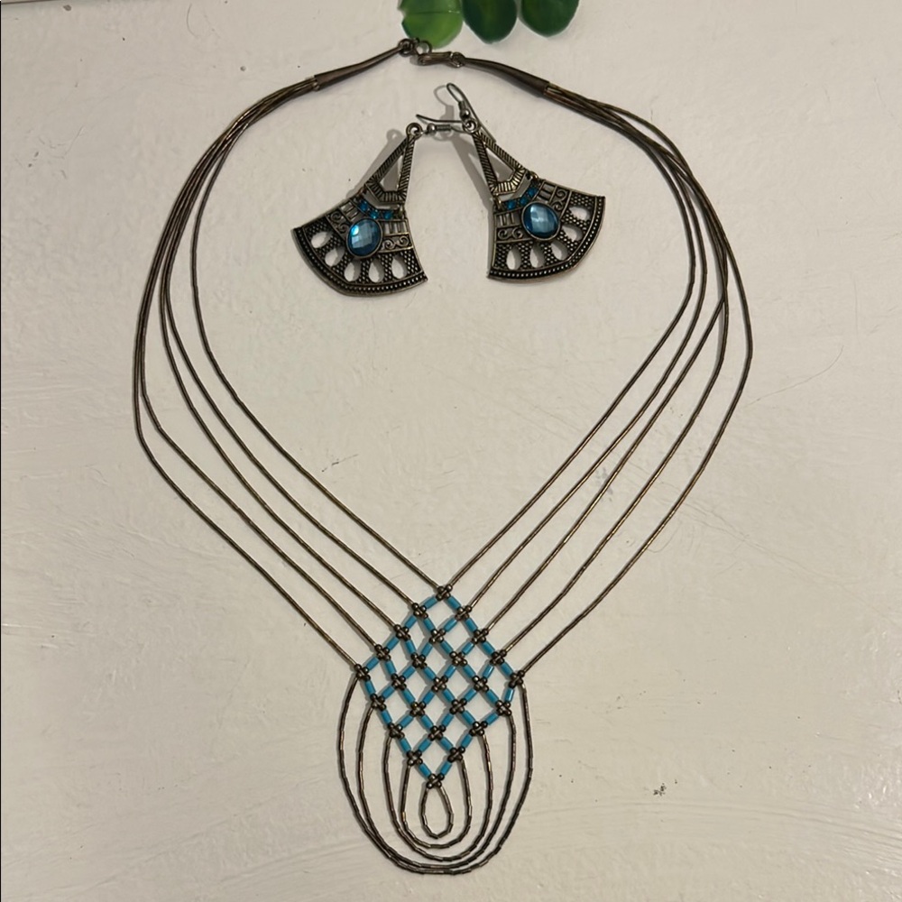 Silver and Blue Multi-Strand Necklace with Geometric Design and earrings set